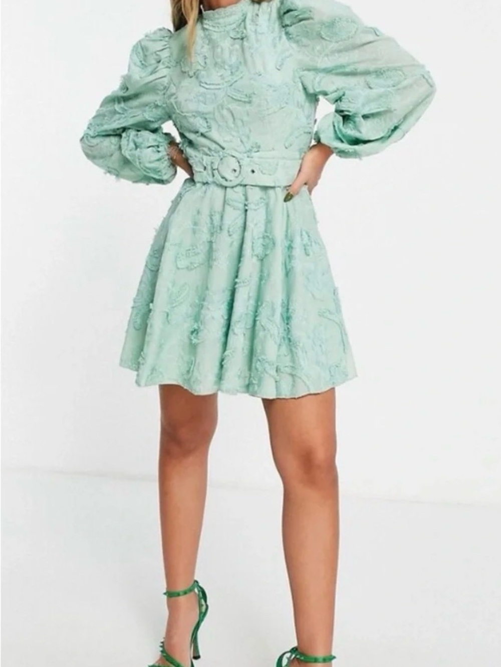 ASOS Light Green Textured Long Sleeve Dress size us 4